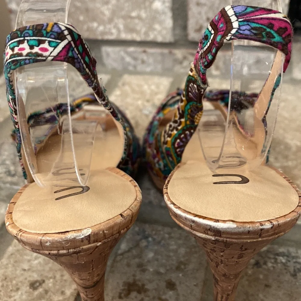 unisa paisley sling back heels with cork heel size 6.5